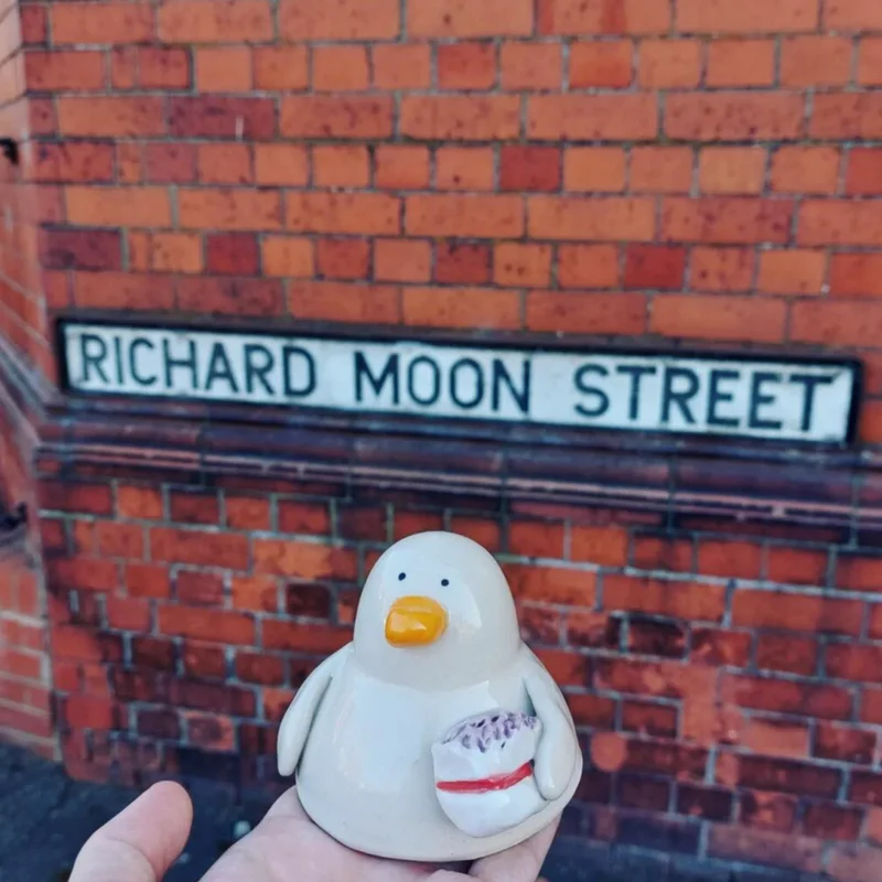 This is Richard Moon Street in Crewe. It is an actual street and I went there in 2021 to take some photos. This is an image of one of my ducks posing by the street sign.